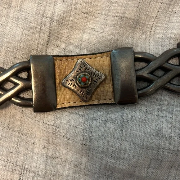 Streets Ahead Santa Monica tan leather belt with silver, turquoise, and …